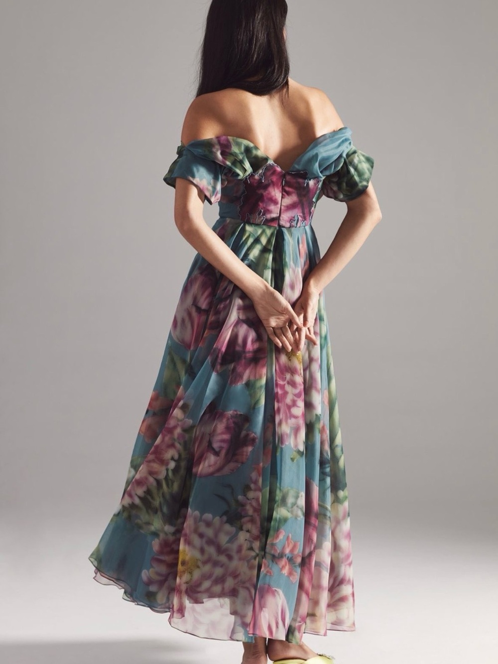 Floral Off-Shoulder Maxi Dress in Teal and Pink - Picture 2 of 5